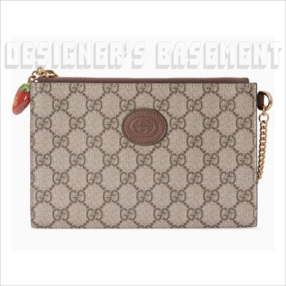 GUCCI beige GG Supreme Canvas & Leather Strawberry CHARM chain Wristlet pouch 🎁 - Picture 7 of 10